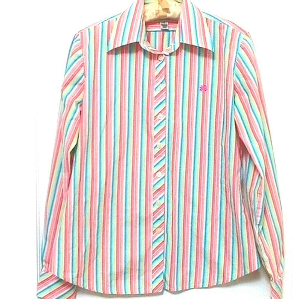 Vintage Lilly Pulitzer  Pastel Stripe Cotton Button Front Blouse. Size 2